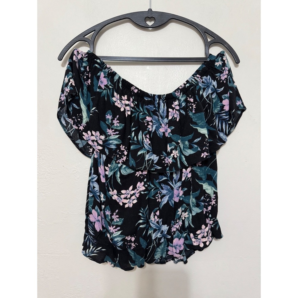 American Eagle Floral Off The Shoulder Ruffle Top Black XS Whimsigoth Blouse